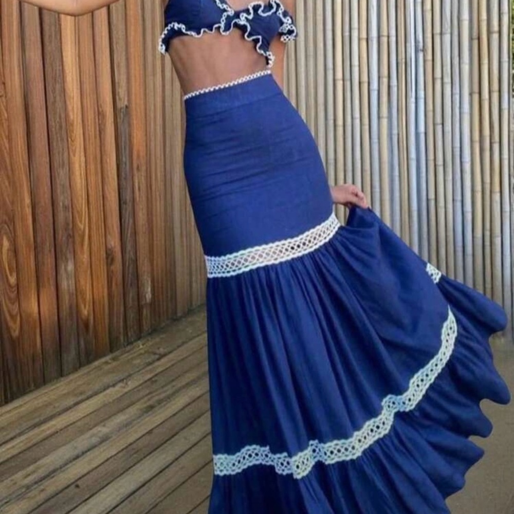 Elegant Blue Maxi Skirt with Lace Trim